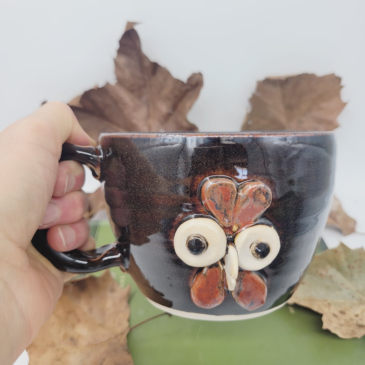 Rooster Soup Mug | Chicken Collector Bowl with Handle | Handmade Stoneware Clay Pottery | Green | Nelson Studio Ug Chug | Farm Animals