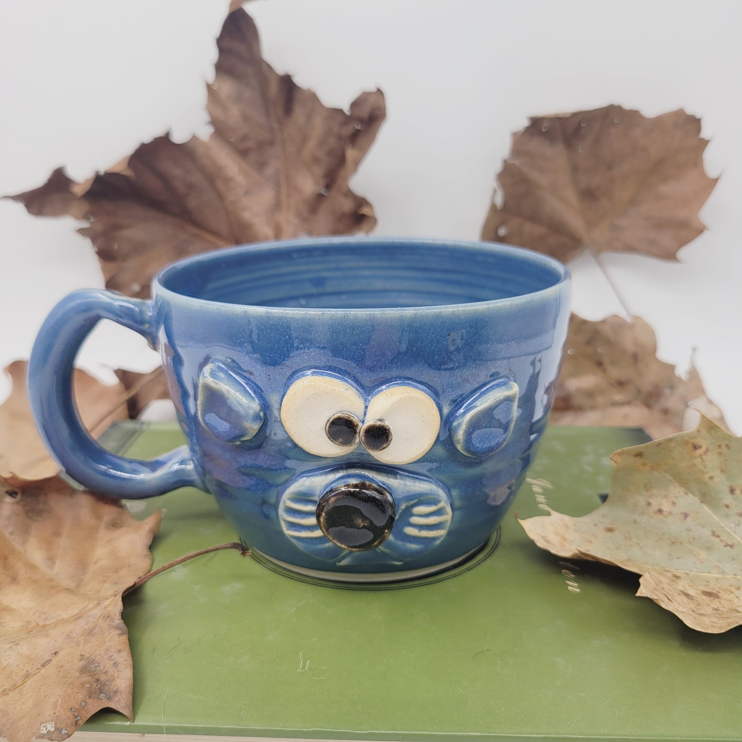 Funny Cat lover Soup Mug |  Fluffkins McPoufy Cat by Nelson Studio | Funny Animal Face Bowl with Small Handle | Blue