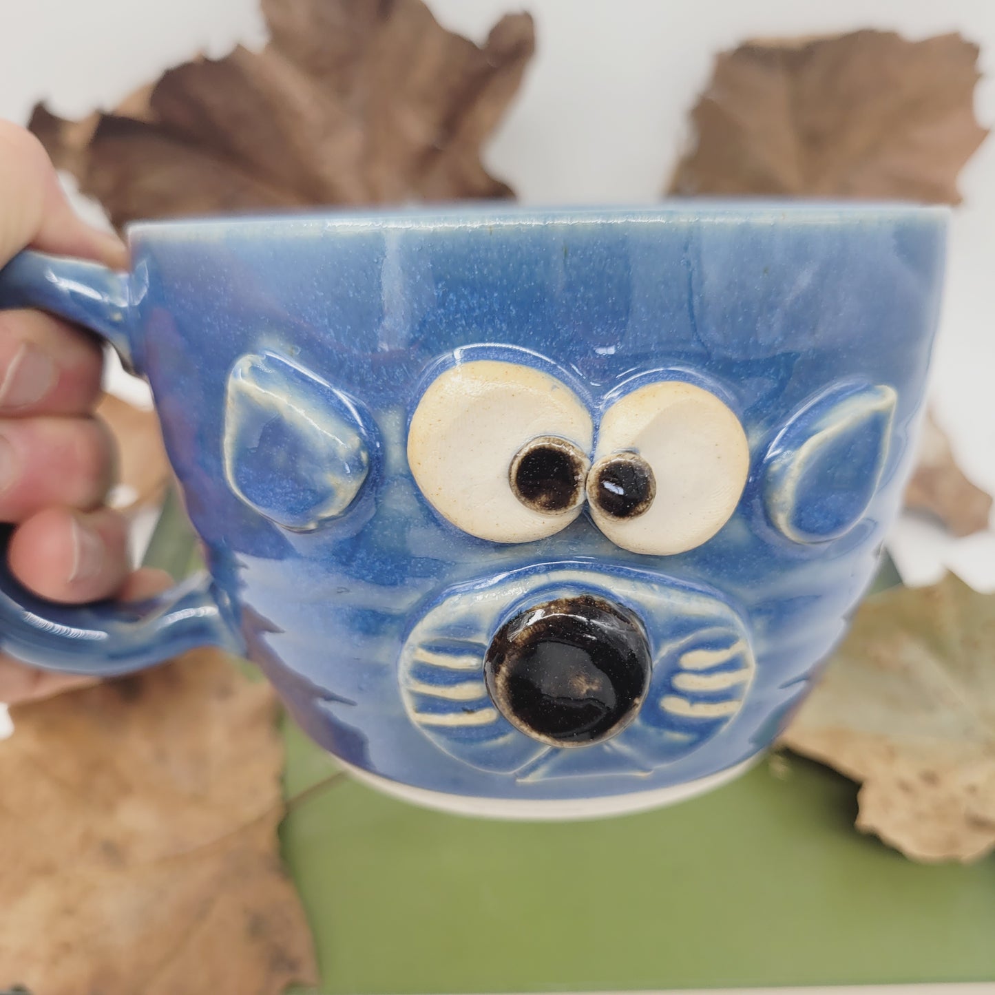 Funny Cat lover Soup Mug |  Fluffkins McPoufy Cat by Nelson Studio | Funny Animal Face Bowl with Small Handle | Blue