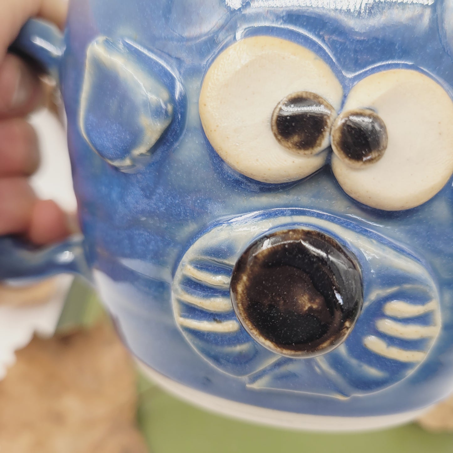 Funny Cat lover Soup Mug |  Fluffkins McPoufy Cat by Nelson Studio | Funny Animal Face Bowl with Small Handle | Blue