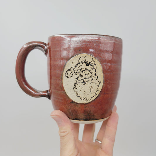 Vintage Santa Mug | Christmas Morning Coffee Cup | Old Fashioned Hot Chocolate Pottery Mug | Red | Extra Large 20 Ounces