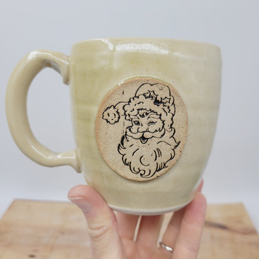 Vintage Santa Mug | Christmas Morning Coffee Cup | Old Fashioned Hot Chocolate Pottery Mug | White | Large 16 Ounces