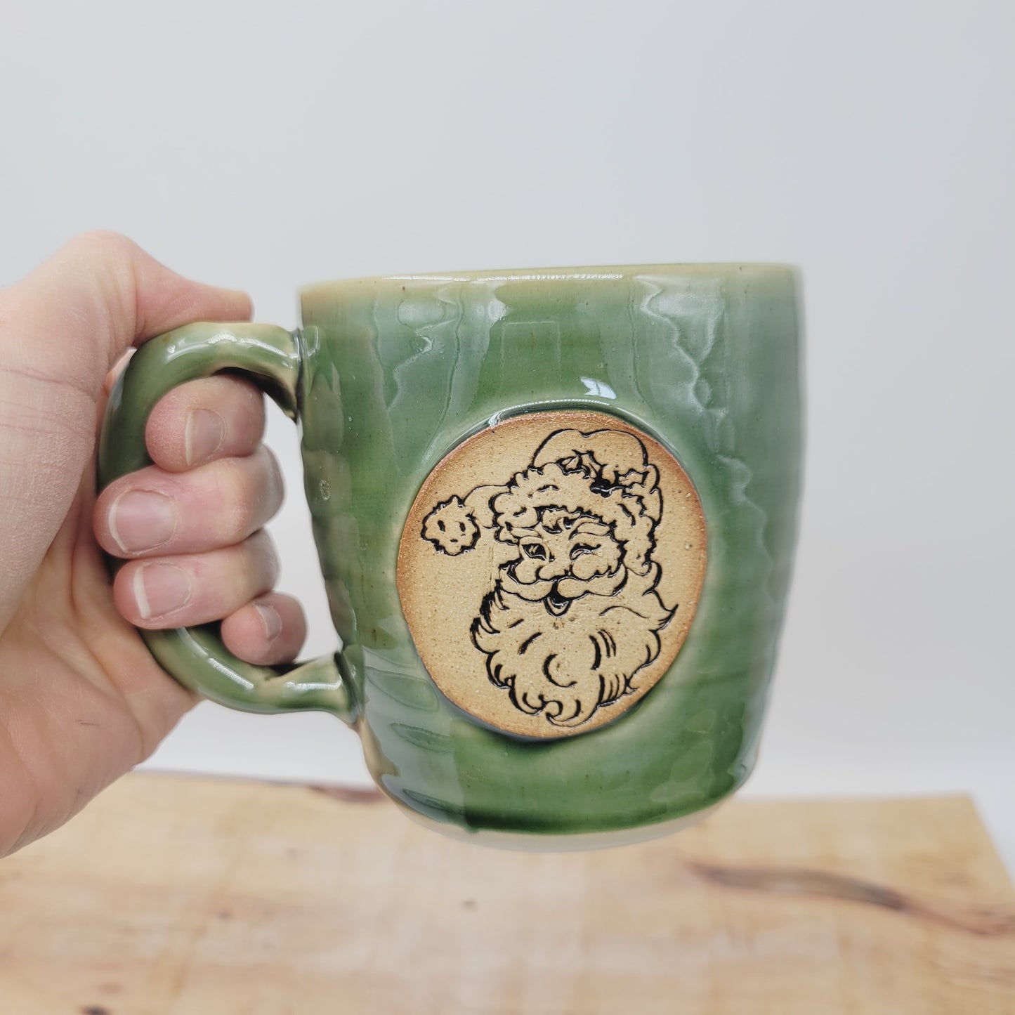 Vintage Santa Mug | Christmas Morning Coffee Cup | Old Fashioned Hot Chocolate Pottery Mug | Green