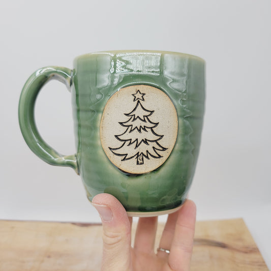 Christmas Tree Coffee Cup | Hot Chocolate Old Fashioned Pottery Mug | Green | Large 16 Ounces
