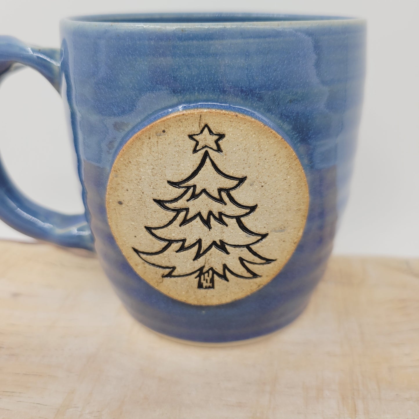 Christmas Tree Coffee Cup | Hot Chocolate Old Fashioned Pottery Mug | Blue | Medium 12 Ounces