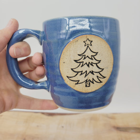 Christmas Tree Coffee Cup | Hot Chocolate Old Fashioned Pottery Mug | Blue | Medium 12 Ounces
