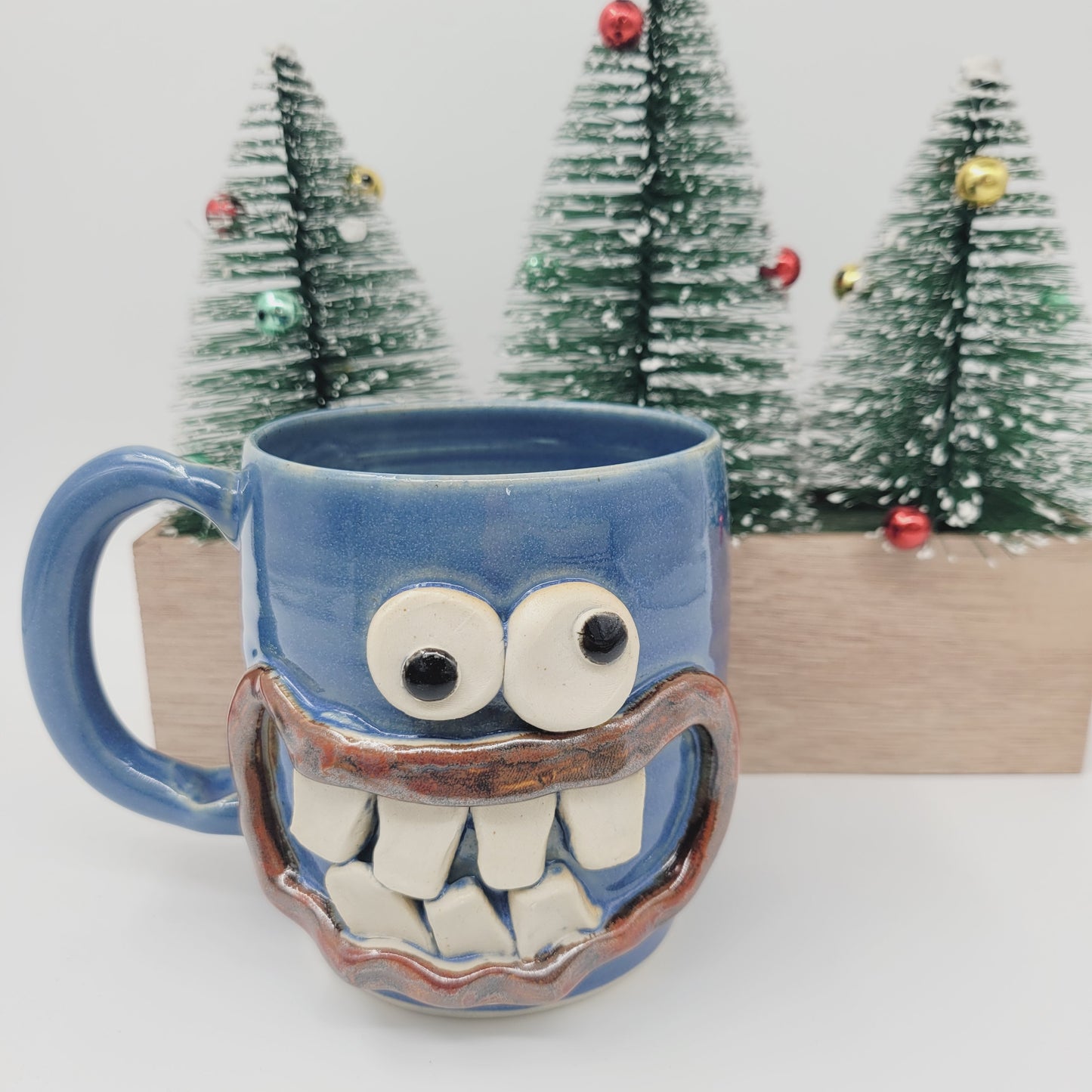 Funny Smiley Face Mug | Handmade Pottery Coffee Cups | Fun Gifts for Men Dad Husband | Ceramic Stoneware | 16 Ounces Large | Blue