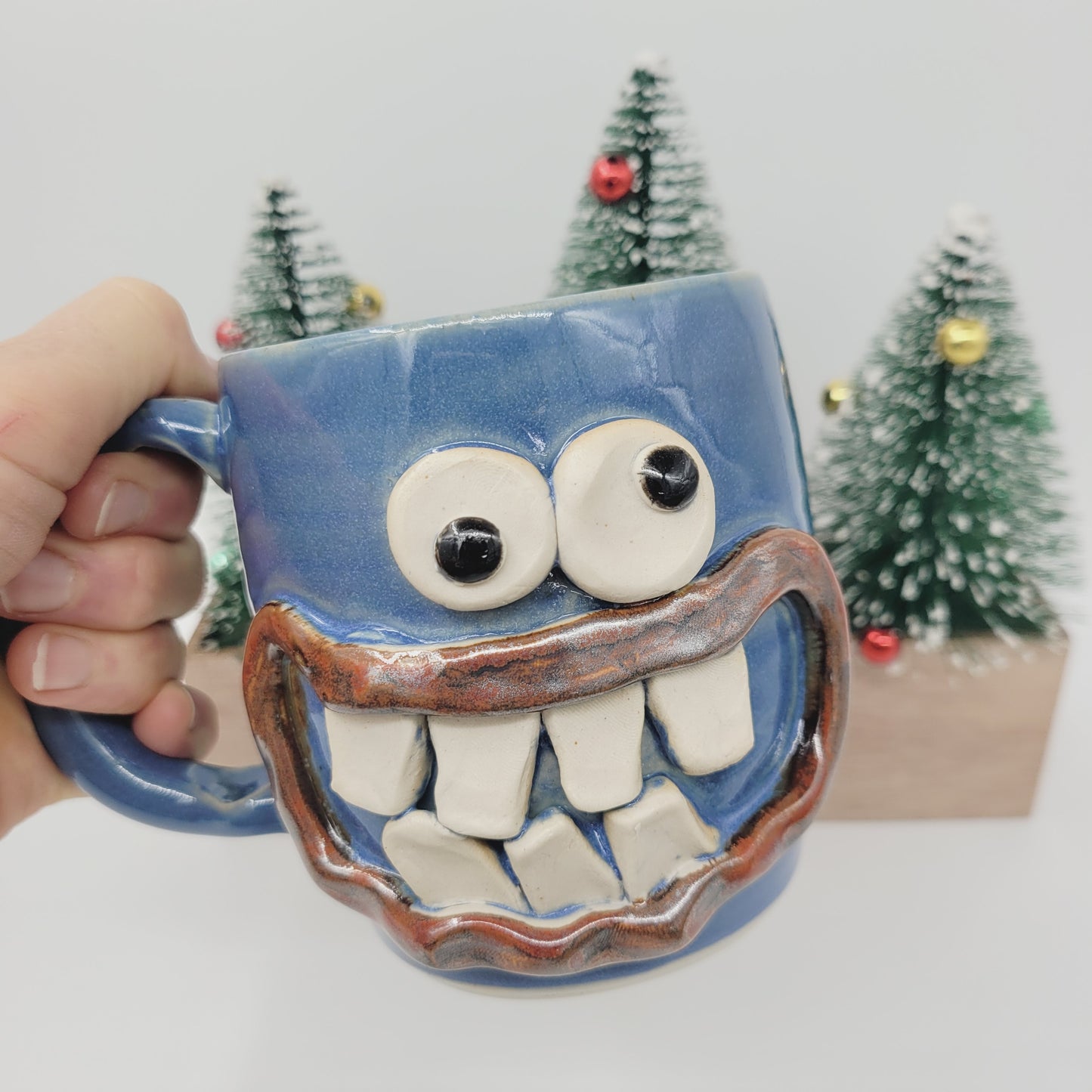 Funny Smiley Face Mug | Handmade Pottery Coffee Cups | Fun Gifts for Men Dad Husband | Ceramic Stoneware | 16 Ounces Large | Blue