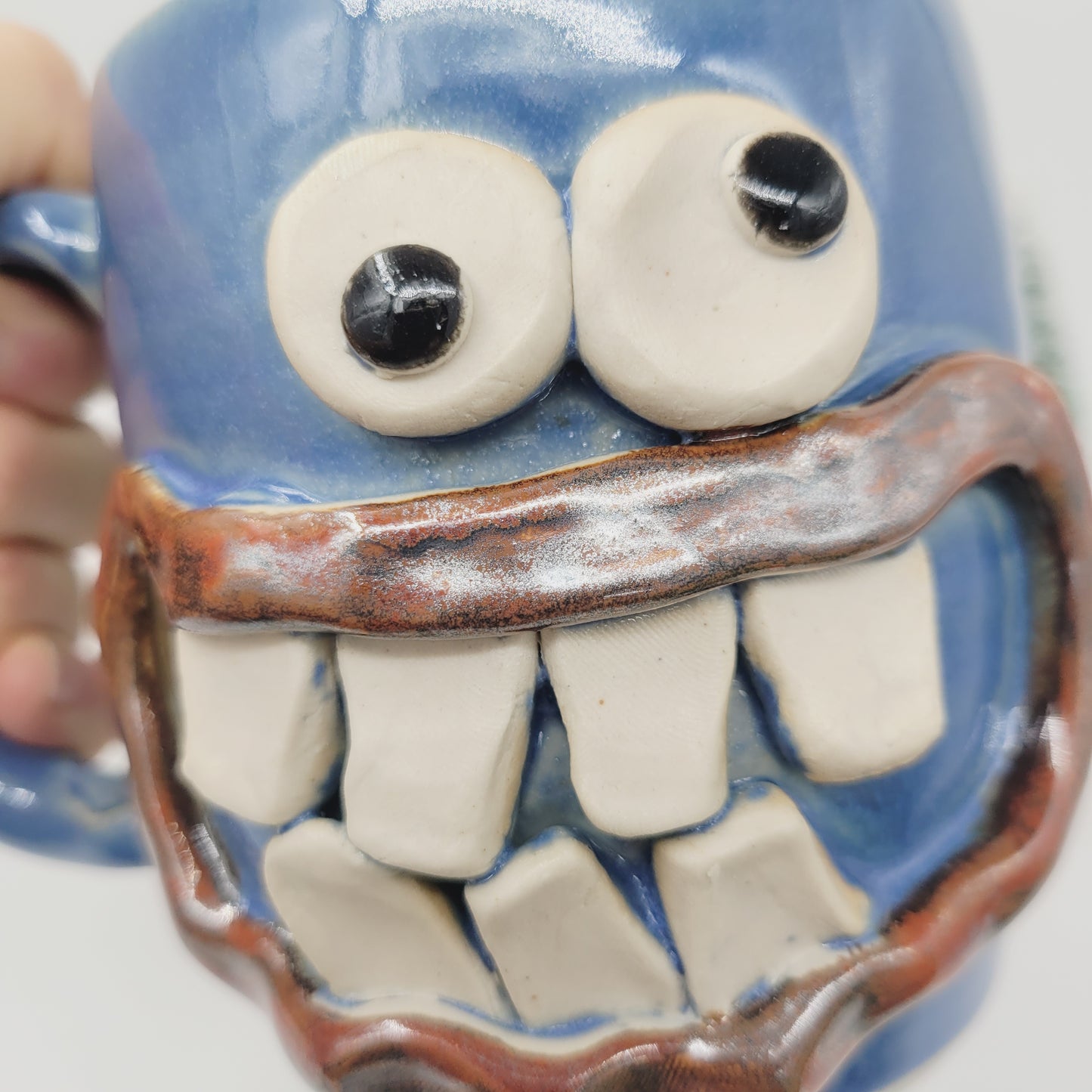Funny Smiley Face Mug | Handmade Pottery Coffee Cups | Fun Gifts for Men Dad Husband | Ceramic Stoneware | 16 Ounces Large | Blue