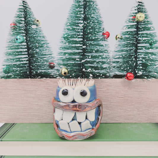 Toothpick Holder | Paperclip Cup | Funny Face Mini Pottery | Blue | Nelson Studio Ug Chug