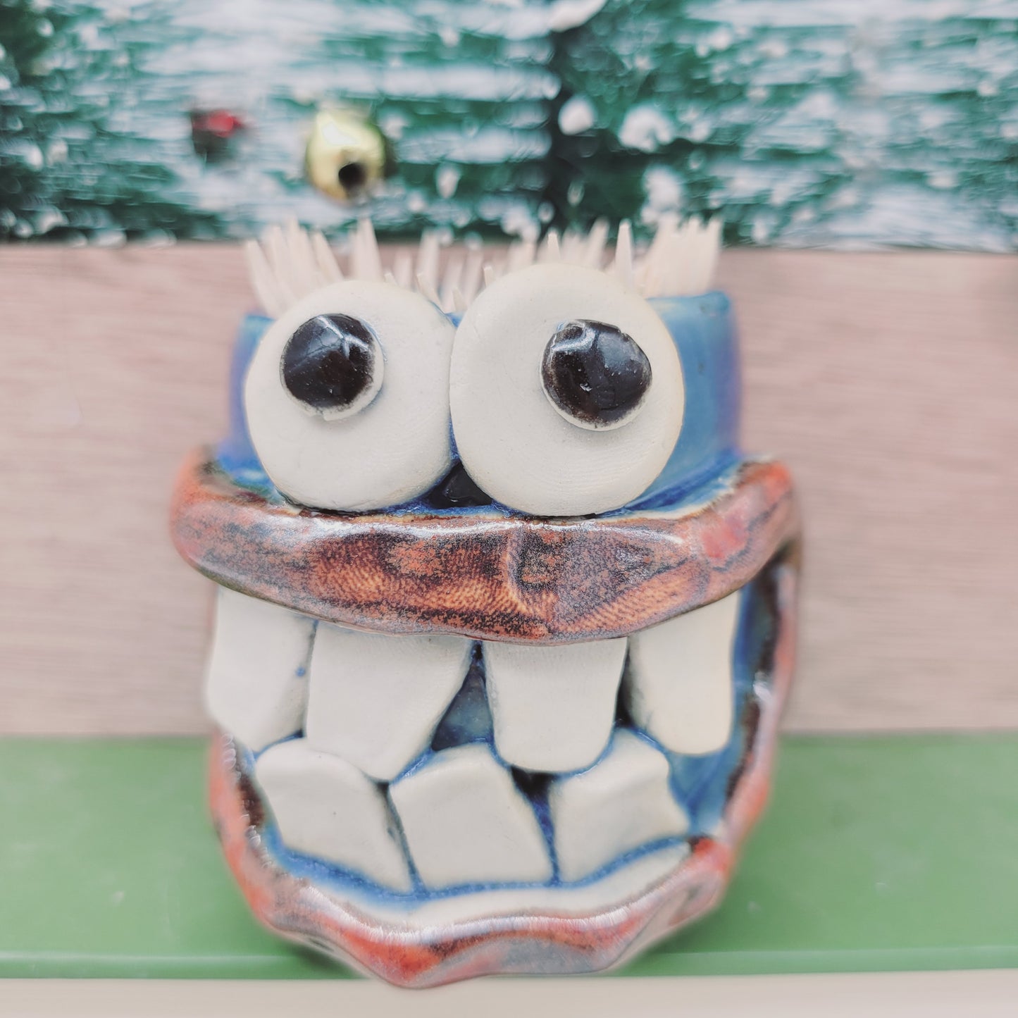 Toothpick Holder | Paperclip Cup | Funny Face Mini Pottery | Blue | Nelson Studio Ug Chug