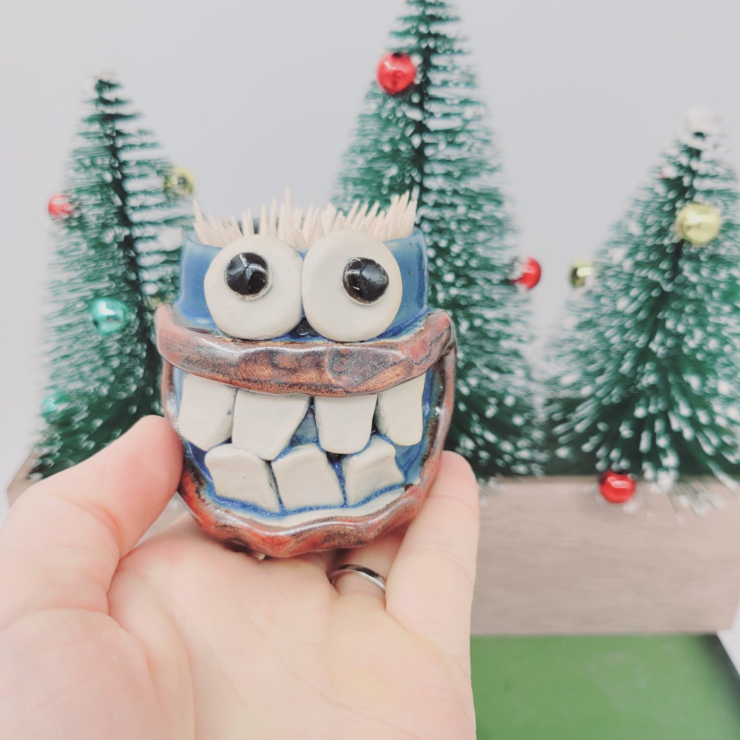 Toothpick Holder | Paperclip Cup | Funny Face Mini Pottery | Blue | Nelson Studio Ug Chug