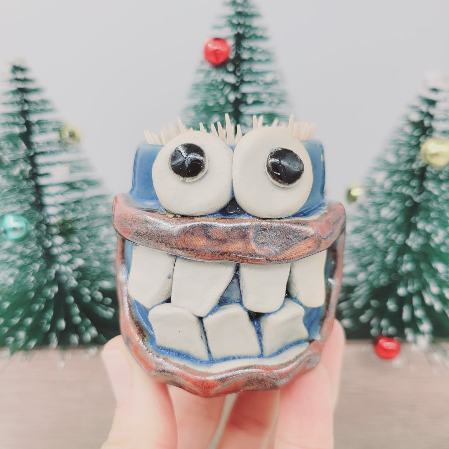 Toothpick Holder | Paperclip Cup | Funny Face Mini Pottery | Blue | Nelson Studio Ug Chug