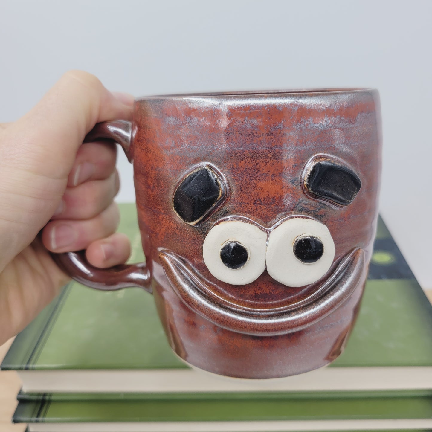 Smiley Face Mug | 16 Ounces | Cinnamon Red | Handmade Stoneware Pottery Coffee Cups