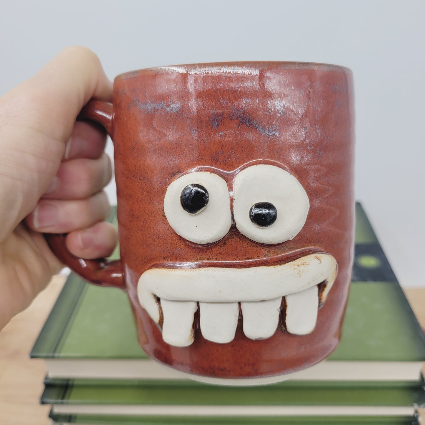 Ceramic Coffee Cup in Rustic Red Brown | UG CHUG Funny Face Mug | Handmade Stoneware Pottery