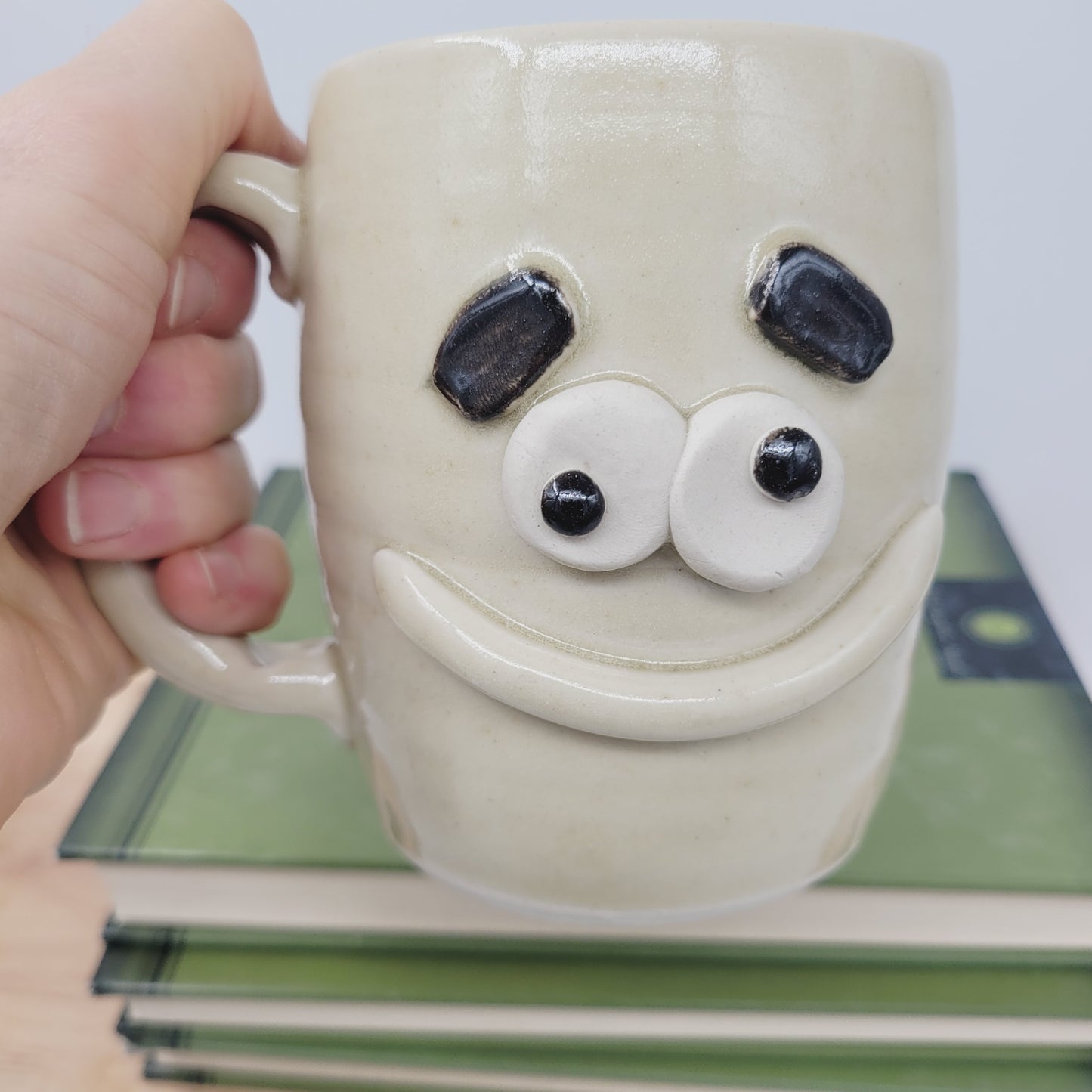 Family Gatherings Holiday Get Togethers Coffee Cup | Funny Hot Tea Mug | Handmade Stoneware Smiley Face Pottery White | Large 16 Ounces.