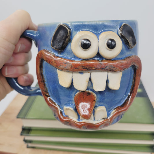 Donut Lover Coffee Cup | Extra Large 20 Oz Smiley Face Mug | Blue Tankard | Handmade Stoneware Pottery | Nelson Studio Ug Chug