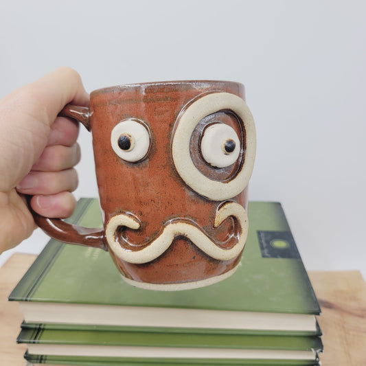 Face Mug with Monocle and Handlebar Mustache | Funny Coffee Cups | Cinnamon Red 16 Oz | Nelson Studio Ug Chug