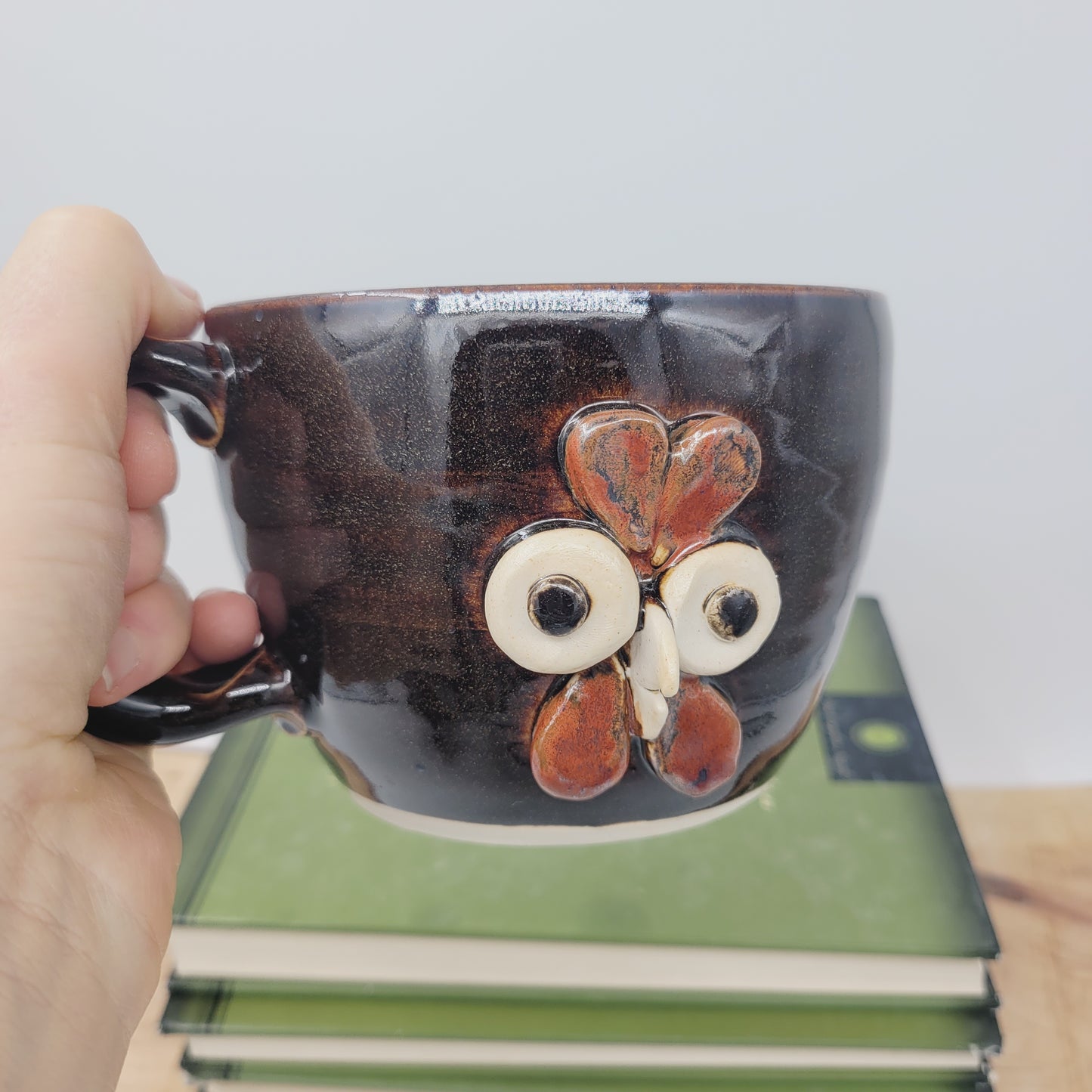 Rooster Soup Mug | Chicken Collector Bowl with Handle | Handmade Stoneware Clay Pottery | Green | Nelson Studio Ug Chug | Farm Animals