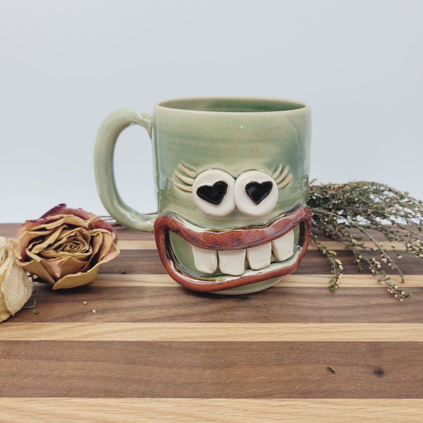 VALENTINES DAY Mug for Her | Funny Coffee Cup with Googly Heart Eyes Face | Green