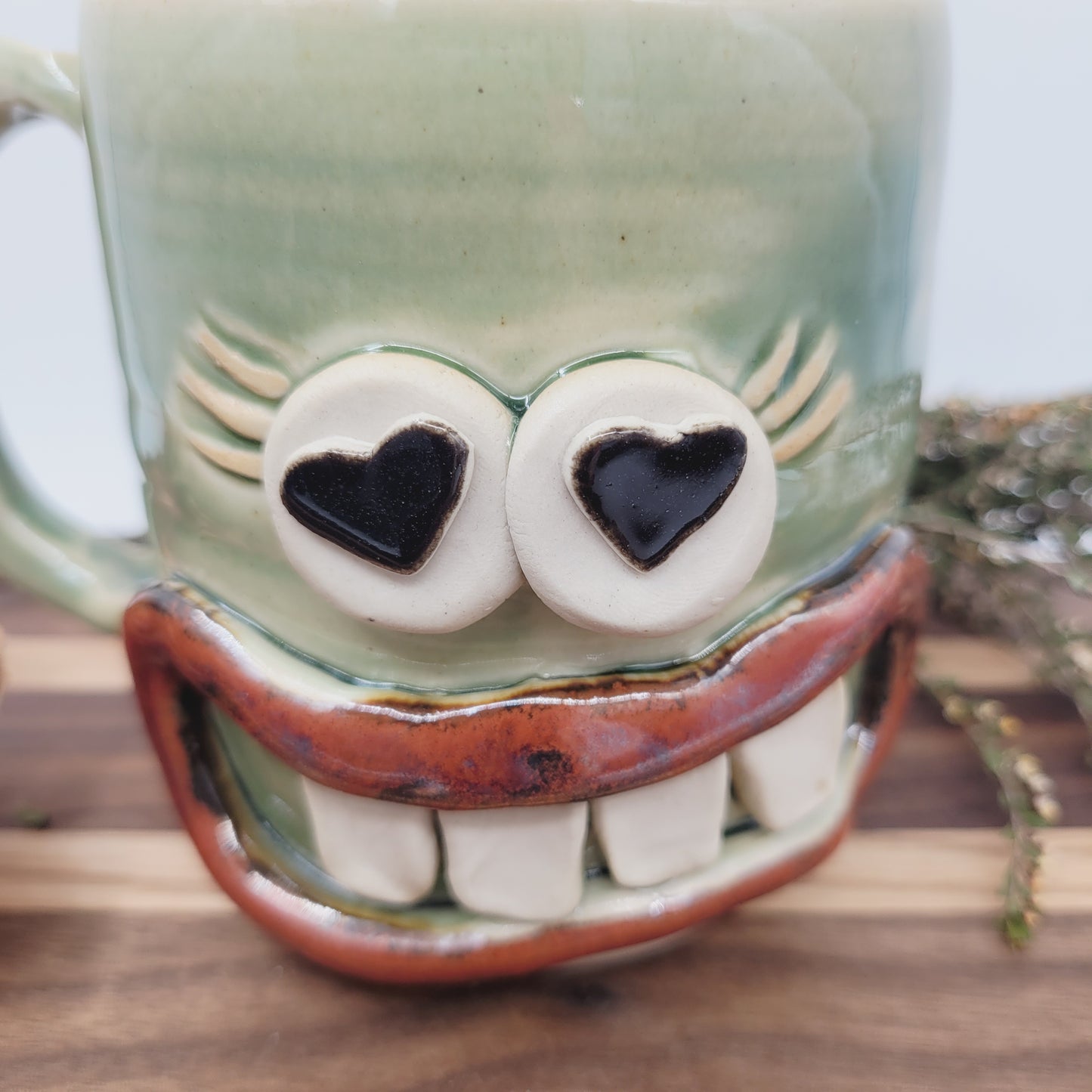 VALENTINES DAY Mug for Her | Funny Coffee Cup with Googly Heart Eyes Face | Green
