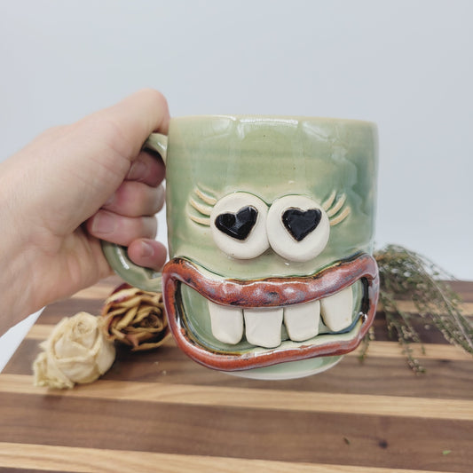 VALENTINES DAY Mug for Her | Funny Coffee Cup with Googly Heart Eyes Face | Green