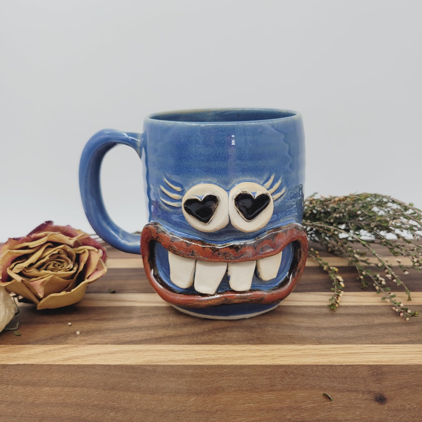 Valentine's Day Mug | Funny Face Coffee Cup with Heart Eyes | Blue | Handmade Stoneware Pottery