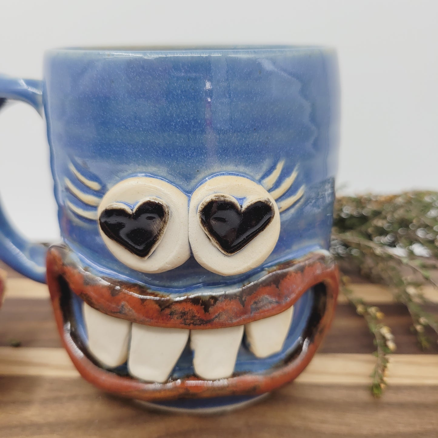 Valentine's Day Mug | Funny Face Coffee Cup with Heart Eyes | Blue | Handmade Stoneware Pottery