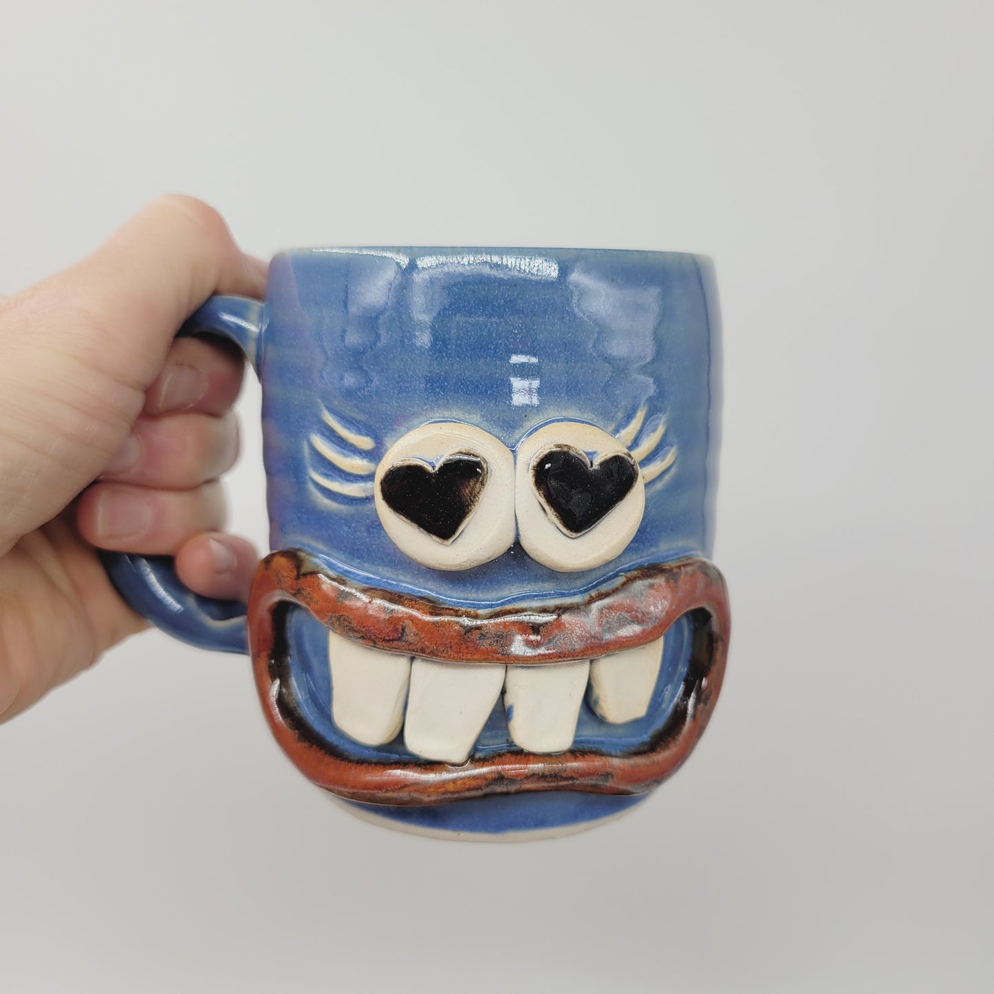 Valentine's Day Mug | Funny Face Coffee Cup with Heart Eyes | Blue | Handmade Stoneware Pottery