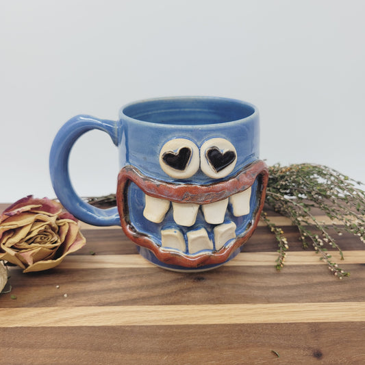 Valentine's Day Heart Eyes Blue Smiley Face Coffee Cup | 16 Ounces | Nelson Studio Ug Chug
