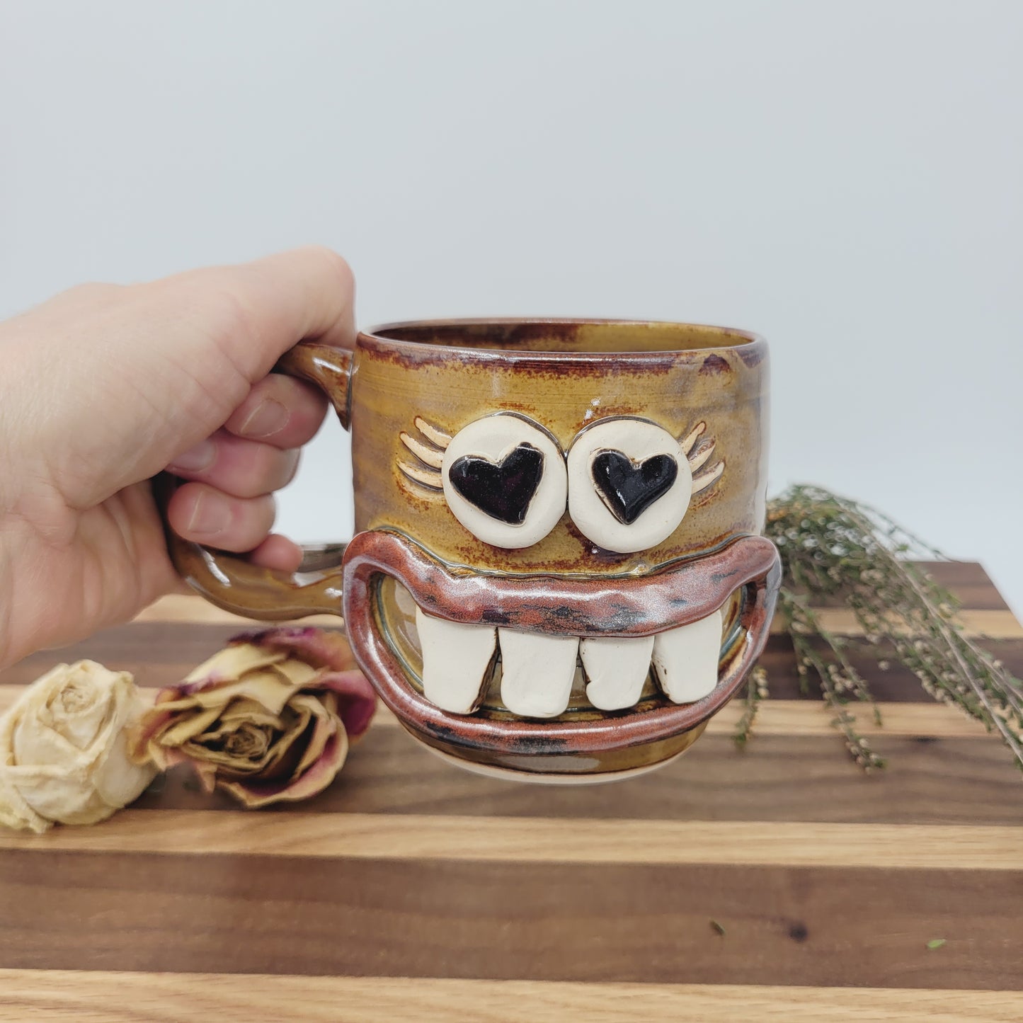 VALENTINES DAY Mug for Her | Funny Coffee Cup with Googly Heart Eyes Face | Caramel