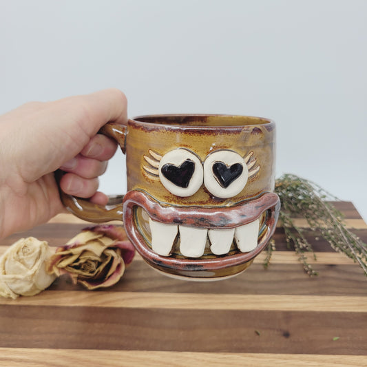 VALENTINES DAY Mug for Her | Funny Coffee Cup with Googly Heart Eyes Face | Caramel