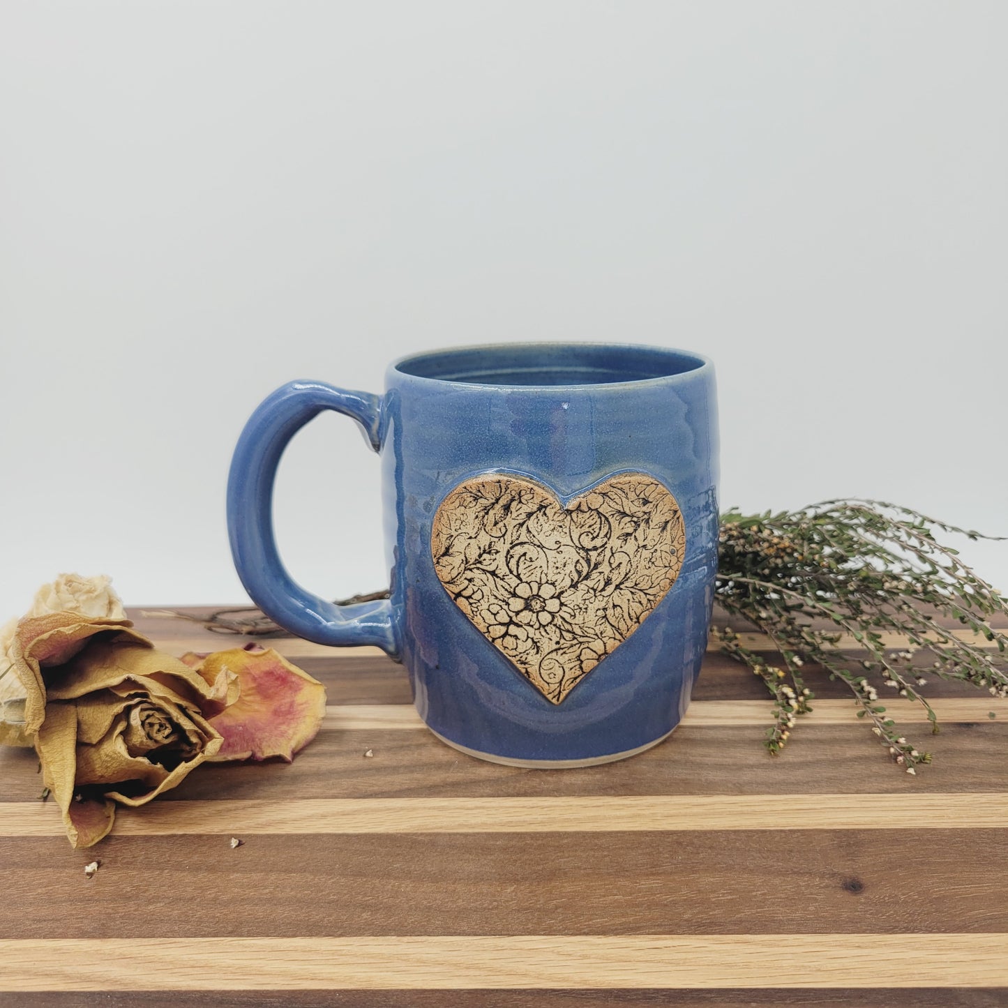 Large Heart Hot Tea Mug | Blue | Floral Pattern Design | Cute 16 Ounce Coffee Cup | Valentine's Day