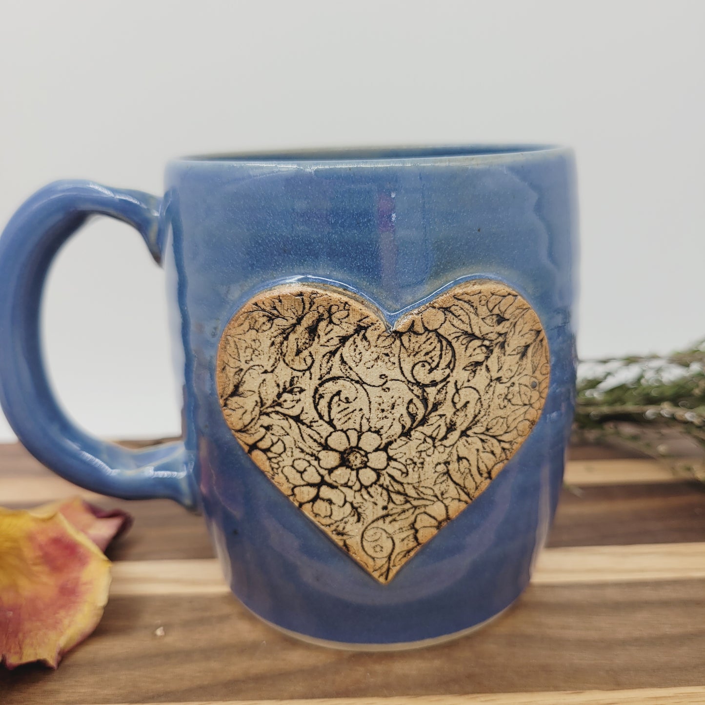 Large Heart Hot Tea Mug | Blue | Floral Pattern Design | Cute 16 Ounce Coffee Cup | Valentine's Day