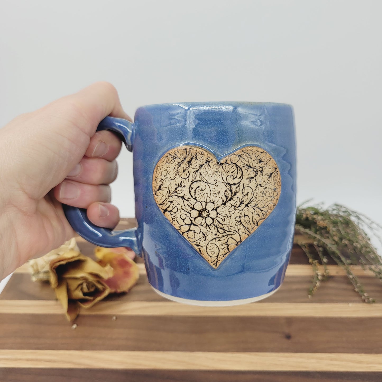 Large Heart Hot Tea Mug | Blue | Floral Pattern Design | Cute 16 Ounce Coffee Cup | Valentine's Day