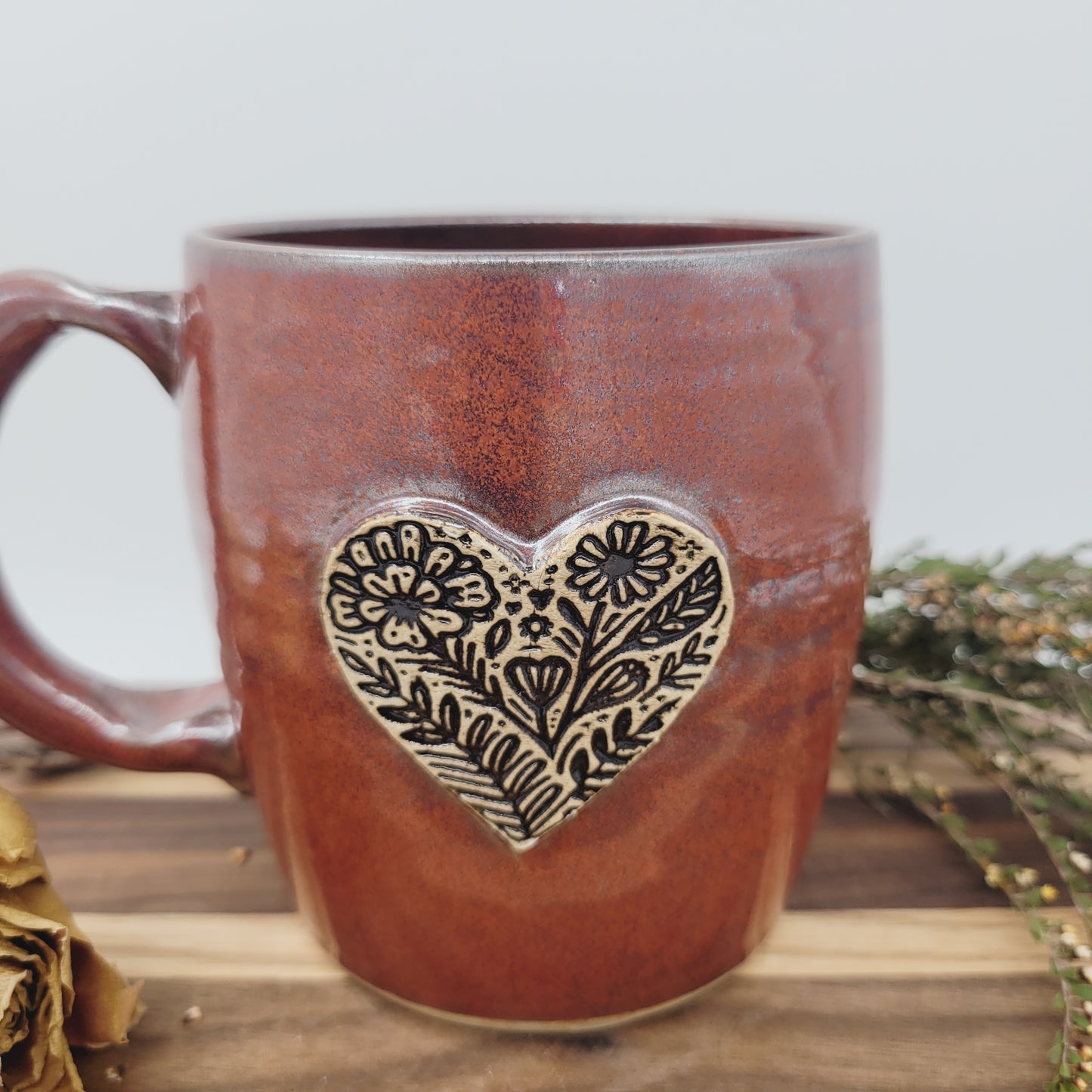Hot Tea Mug with Heart| Red| Floral Pattern Design | Cute 16 Ounce Coffee Cup | Valentine's Day
