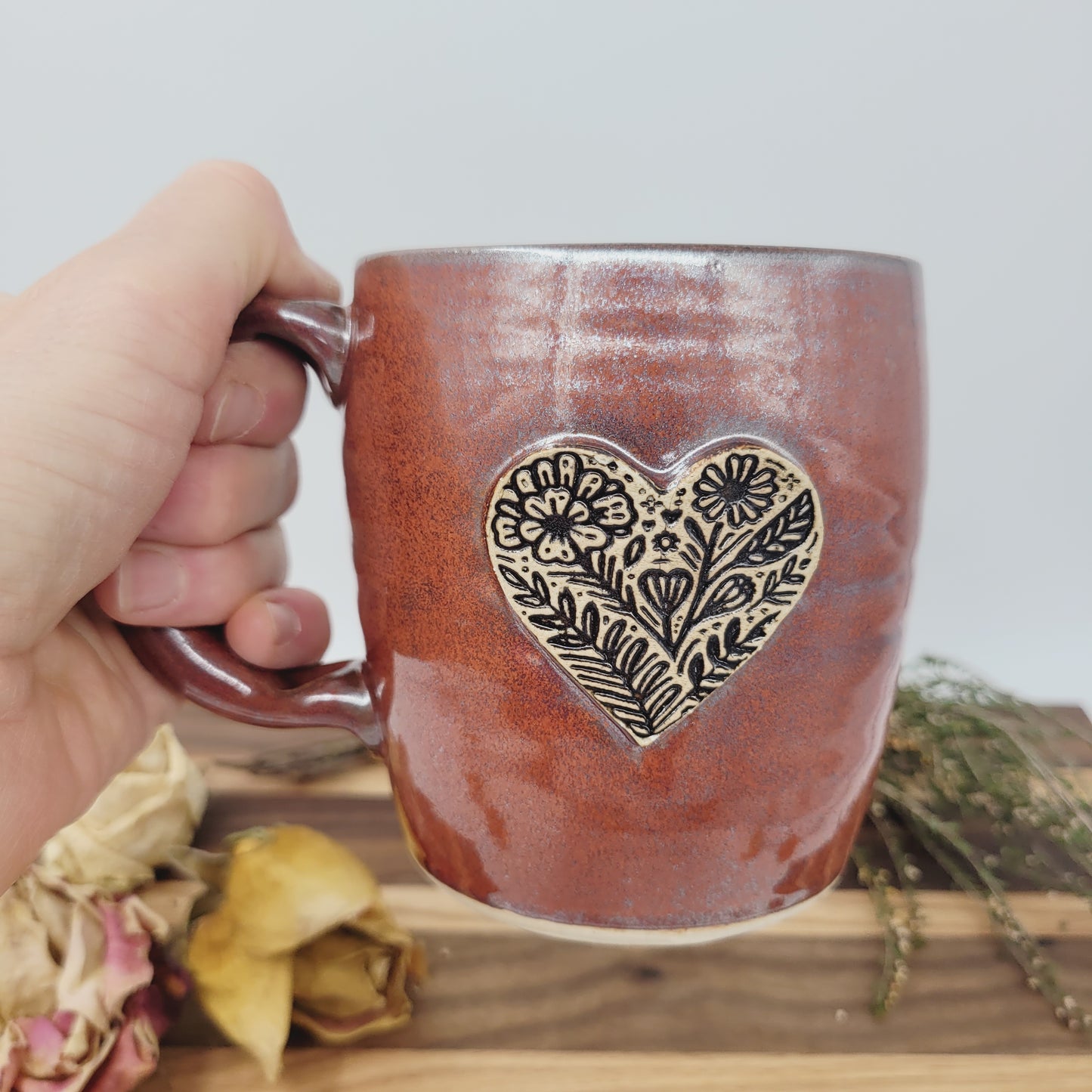 Hot Tea Mug with Heart| Red| Floral Pattern Design | Cute 16 Ounce Coffee Cup | Valentine's Day