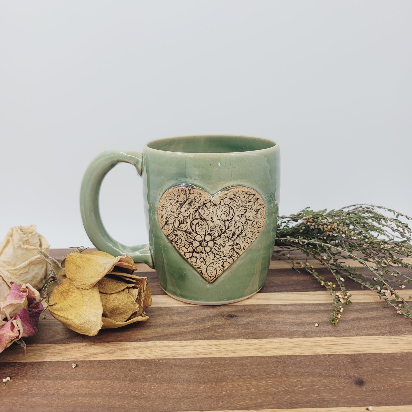 Charming Floral Heart Hot Tea Mug | Green | Floral Pattern Design | Cute Coffee Cup | Handmade Pottery