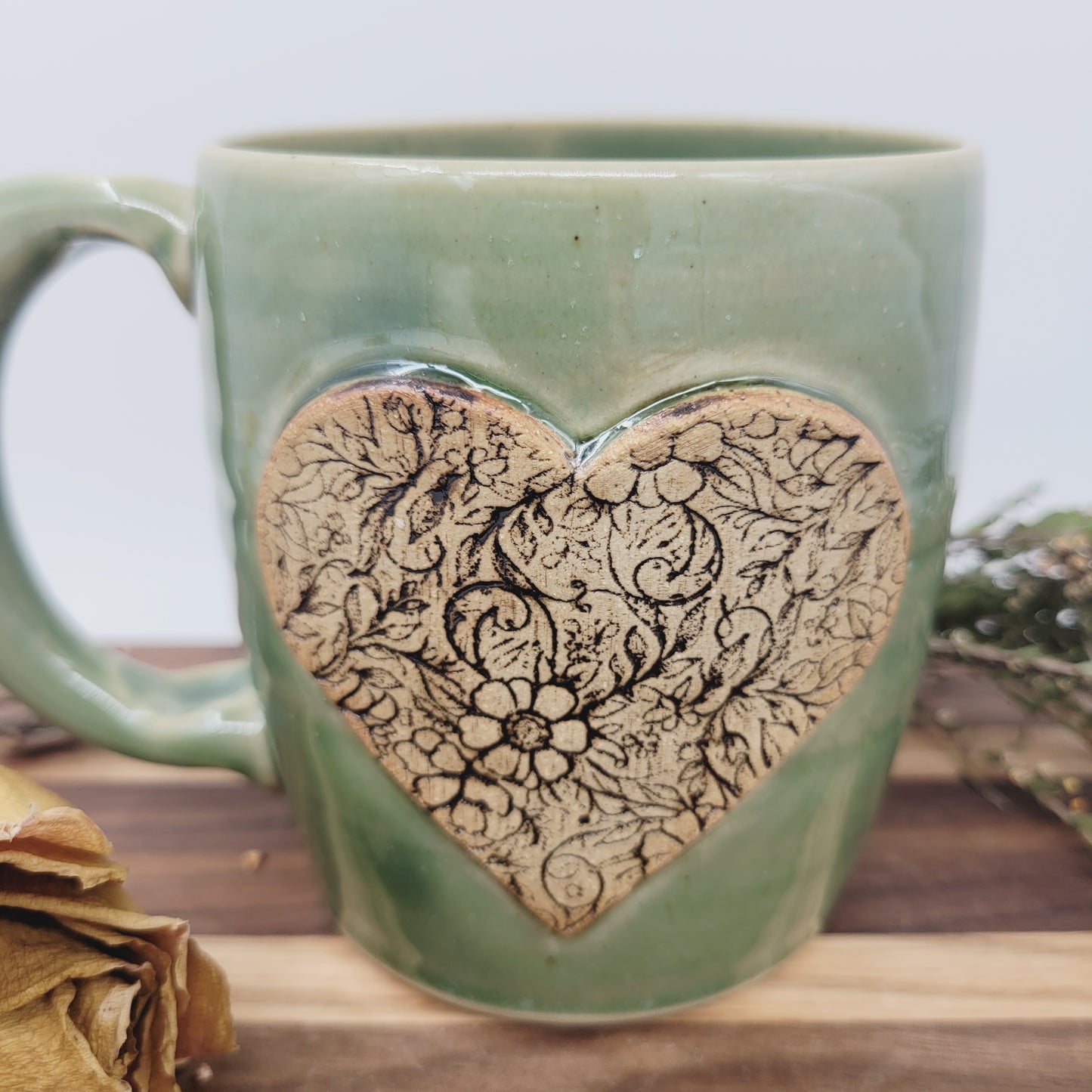 Charming Floral Heart Hot Tea Mug | Green | Floral Pattern Design | Cute Coffee Cup | Handmade Pottery