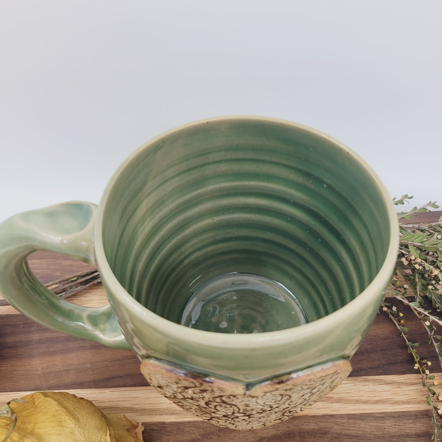 Charming Floral Heart Hot Tea Mug | Green | Floral Pattern Design | Cute Coffee Cup | Handmade Pottery
