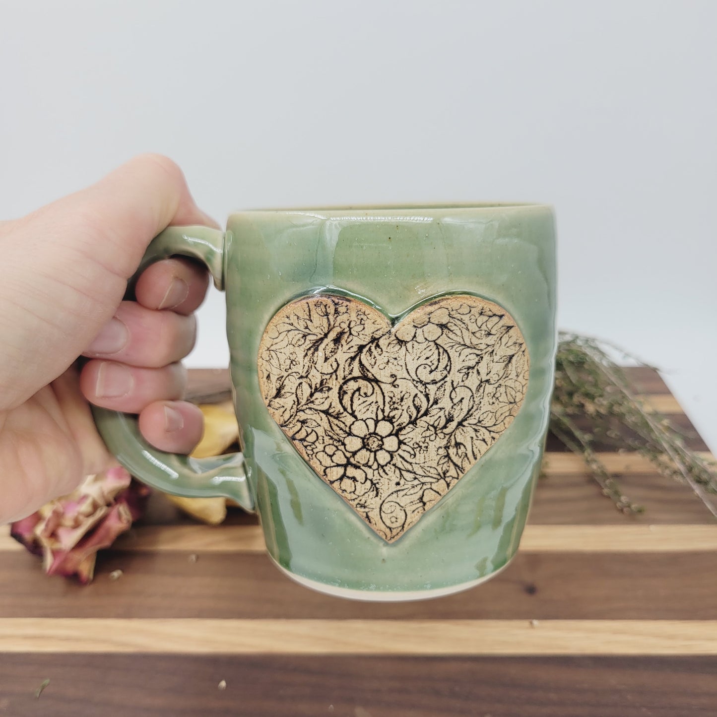 Charming Floral Heart Hot Tea Mug | Green | Floral Pattern Design | Cute Coffee Cup | Handmade Pottery