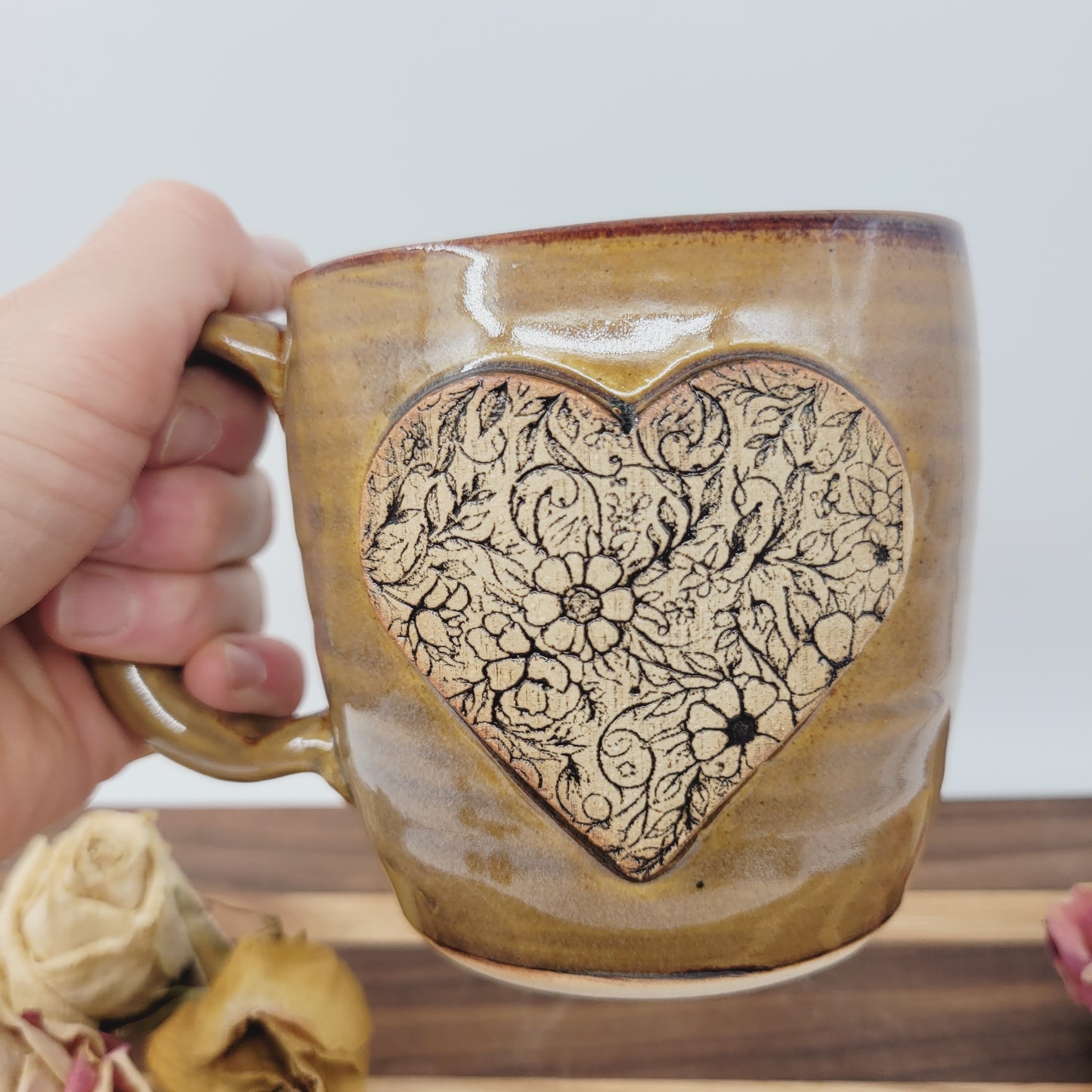 Charming Floral Heart Hot Tea Mug | Caramel | Flower Pattern Coffee Cup
