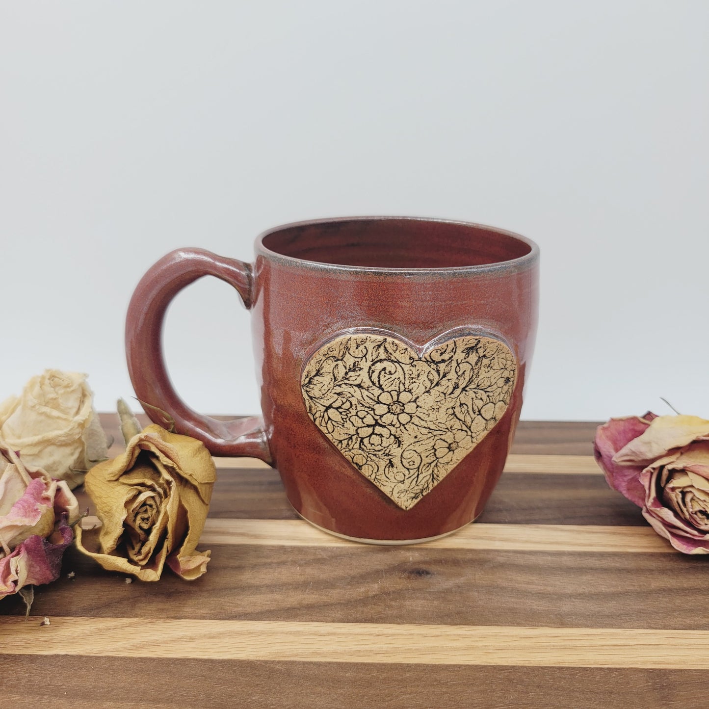 Charming Floral Heart Hot Tea Mug | Red | Floral Pattern Design | Cute Coffee Cup |Handmade Pottery