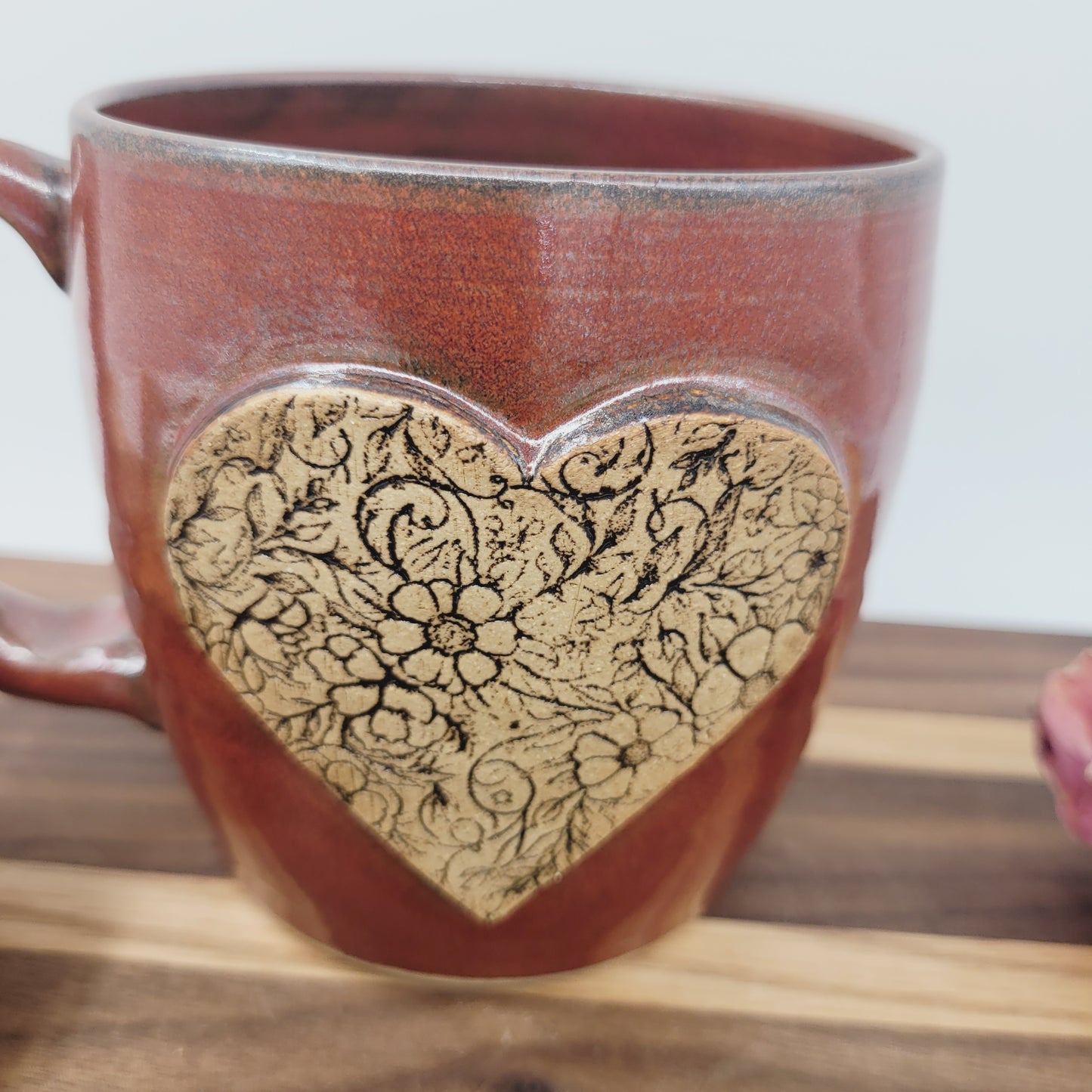 Charming Floral Heart Hot Tea Mug | Red | Floral Pattern Design | Cute Coffee Cup |Handmade Pottery