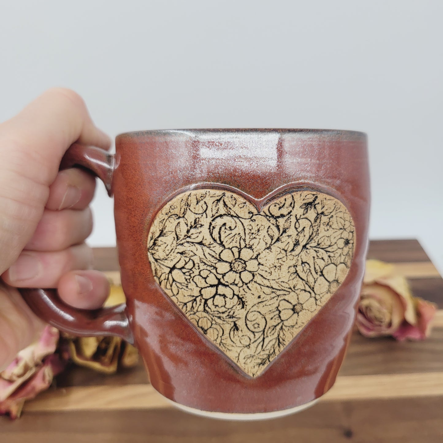 Charming Floral Heart Hot Tea Mug | Red | Floral Pattern Design | Cute Coffee Cup |Handmade Pottery