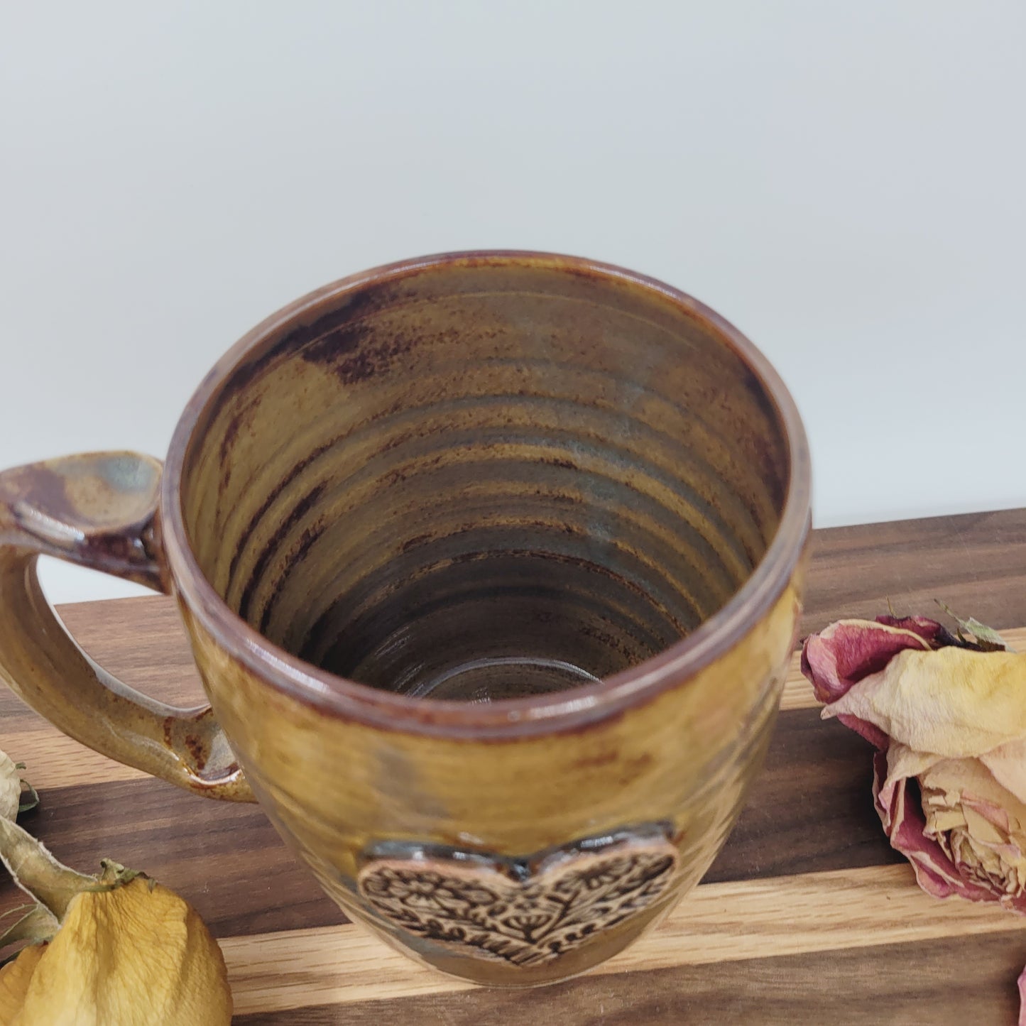 Coffee Cup with Heart | Caramel Brown | Floral Pattern Design | Hot Tea Mug