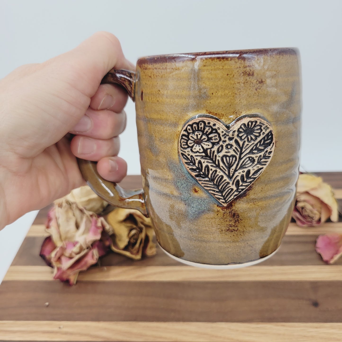 Coffee Cup with Heart | Caramel Brown | Floral Pattern Design | Hot Tea Mug