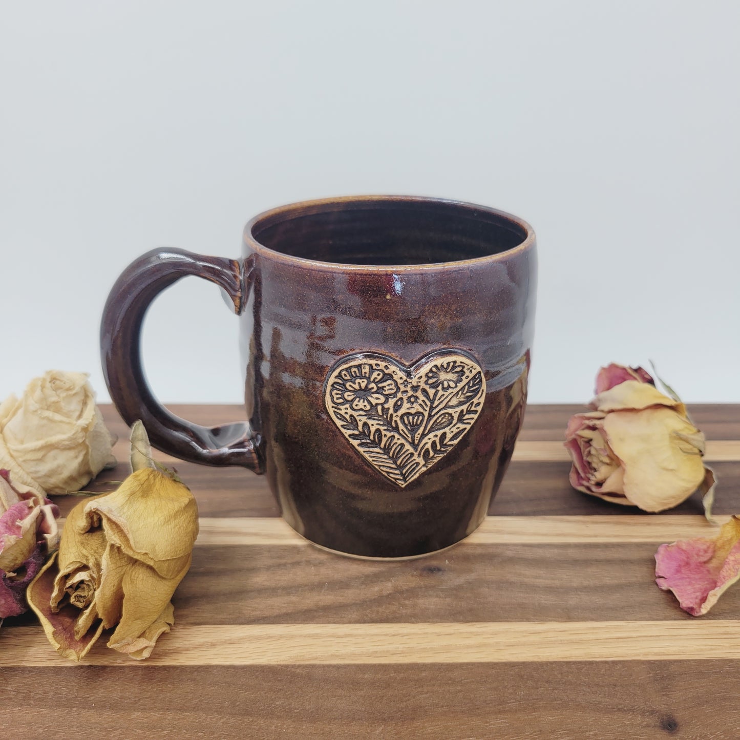 Floral Heart Hot Tea Mug | Black | Flower Pattern | 16 Ounce Coffee Cup | Handmade Pottery