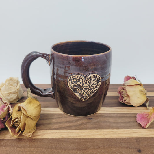 Floral Heart Hot Tea Mug | Black | Flower Pattern | 16 Ounce Coffee Cup | Handmade Pottery