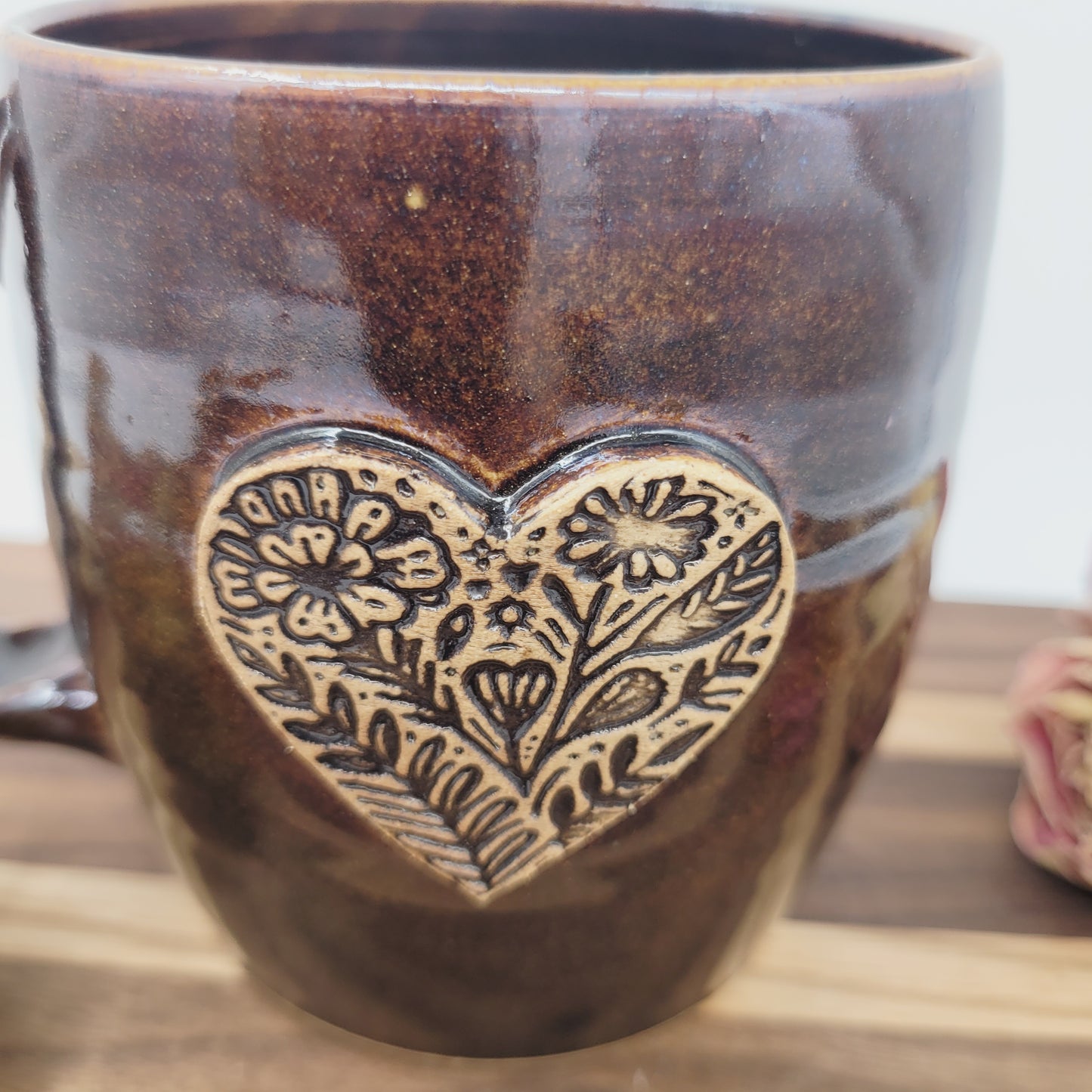 Floral Heart Hot Tea Mug | Black | Flower Pattern | 16 Ounce Coffee Cup | Handmade Pottery